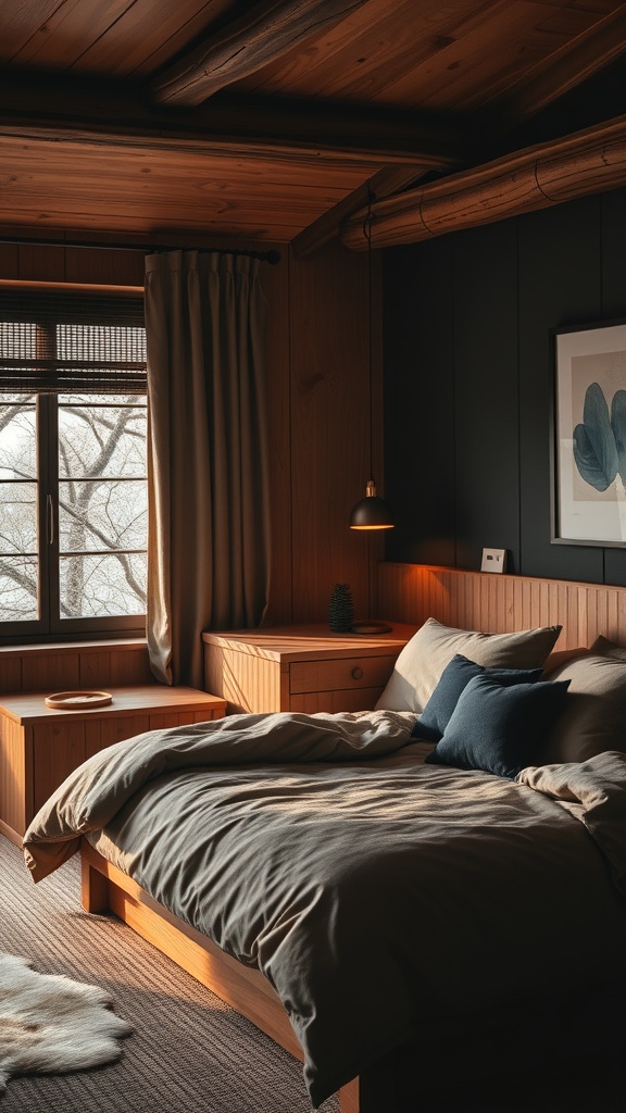 A cozy bedroom featuring warm earthy tones, wooden furniture, and soft bedding.
