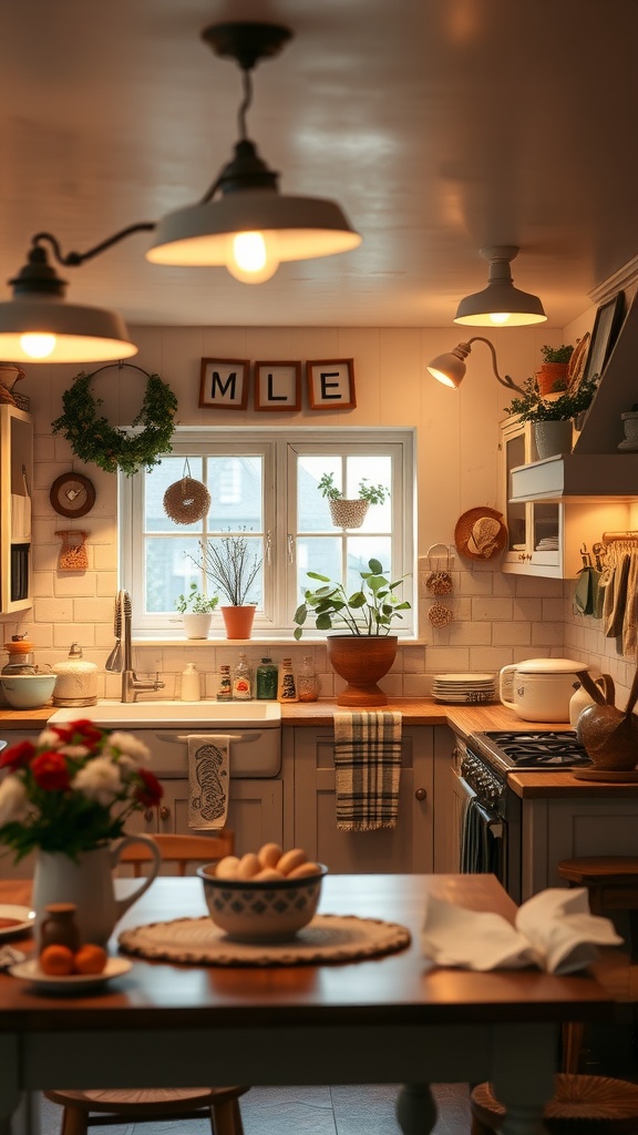 Cozy cottage kitchen with warm lighting fixtures