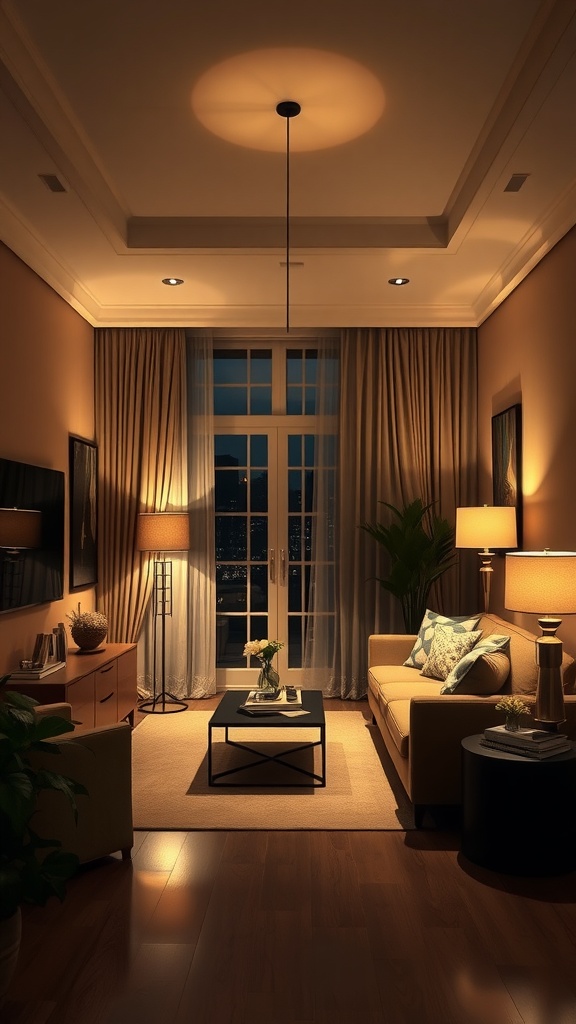 A cozy living room with warm lighting from ceiling and floor lamps, featuring a comfortable couch and plants.