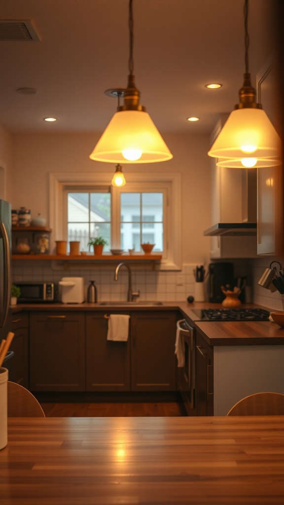 A cozy kitchen with warm lighting fixtures creating a welcoming atmosphere.
