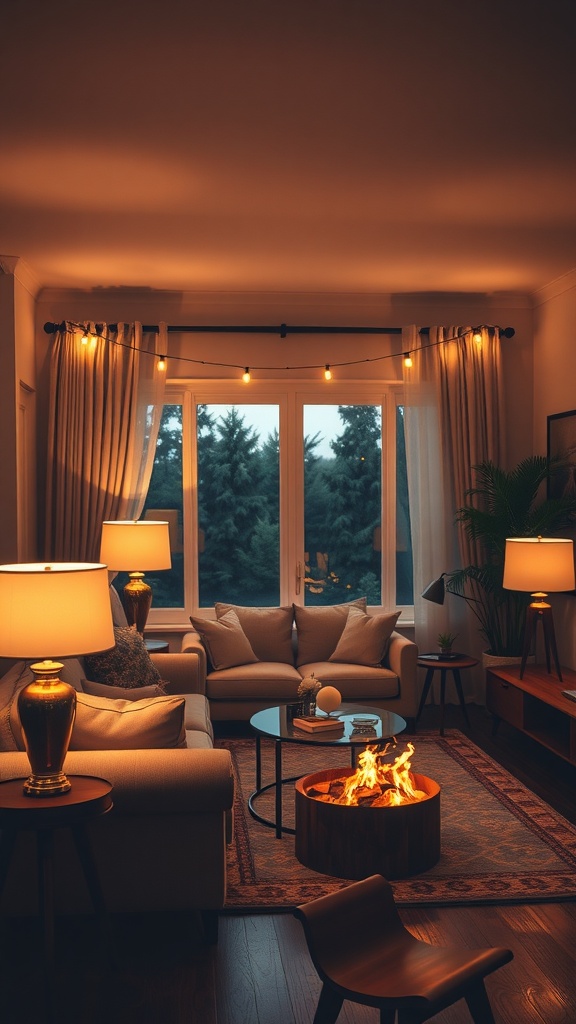 Cozy living room with warm lighting and a fire pit