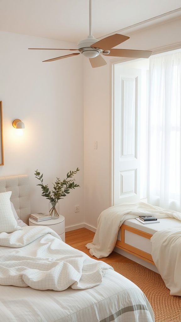 A cozy white and beige bedroom featuring warm lighting from a wall sconce and natural light from a window.