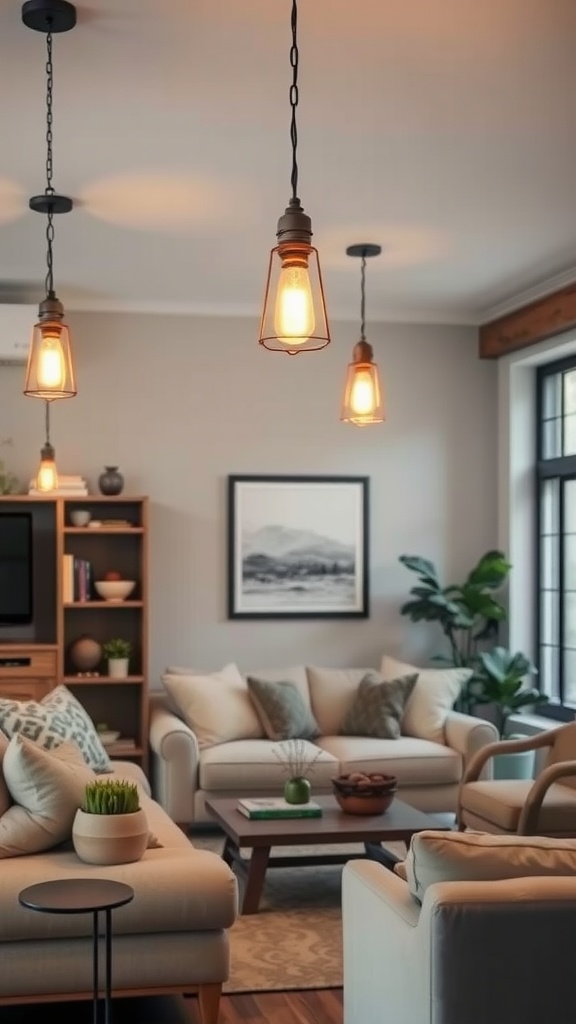 A cozy living room with warm lighting and rustic fixtures, showcasing soft furniture and plants.