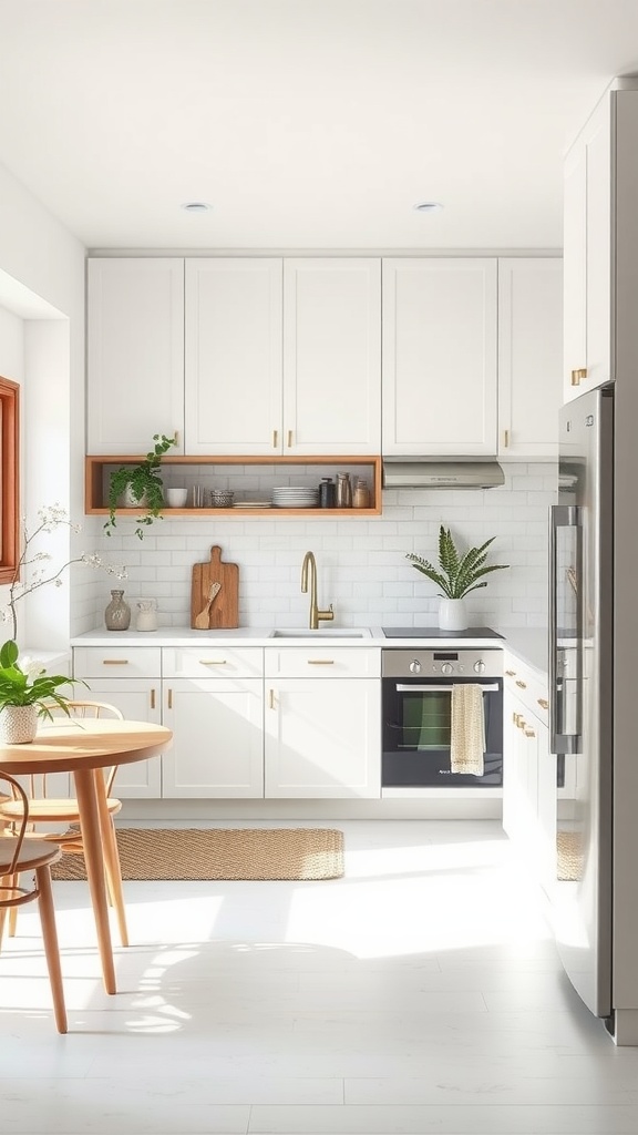 Cozy white kitchen featuring minimalist design elements, wooden dining table, and open shelving.