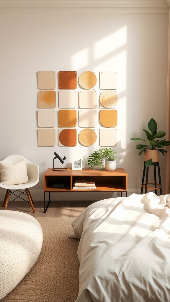 A cozy beige and brown bedroom featuring warm tones, plants, and soft textures.