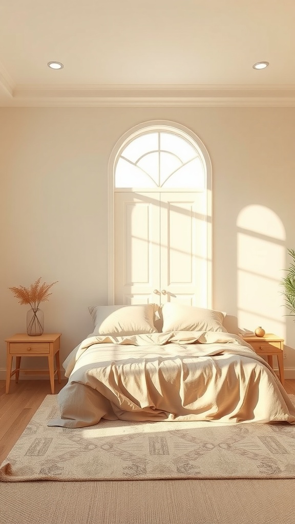 A cozy beige aesthetic bedroom with warm neutral tones, featuring a bed with crumpled linens, wooden nightstands, and a plant.