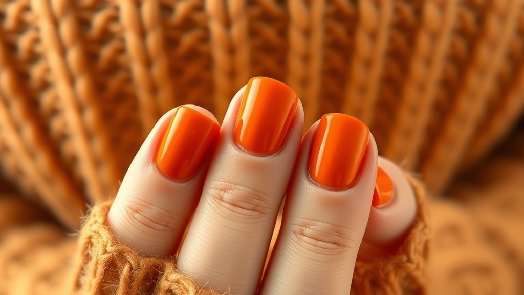 Close-up of hands with warm orange nails, featuring a cozy knitted background.