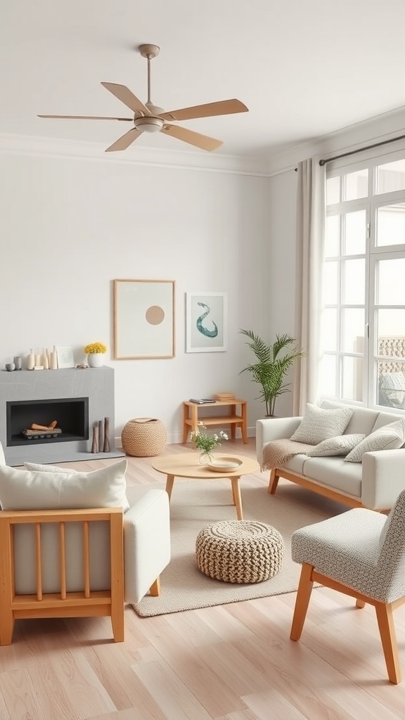 A cozy Scandinavian living room with light colors, wooden furniture, and soft textures.
