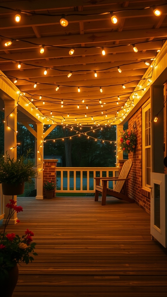 A cozy back porch with warm string lights illuminating the area