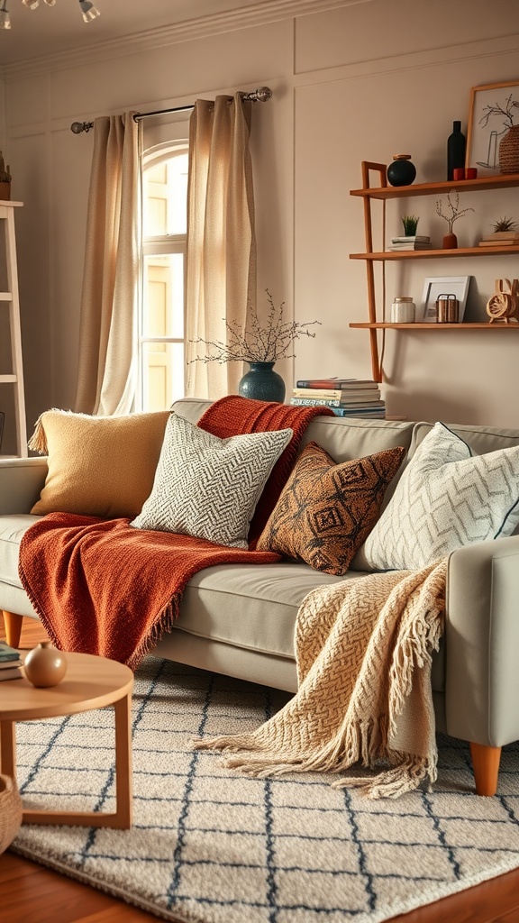 A cozy living room with a sofa covered in warm textiles, featuring colorful pillows and soft blankets.