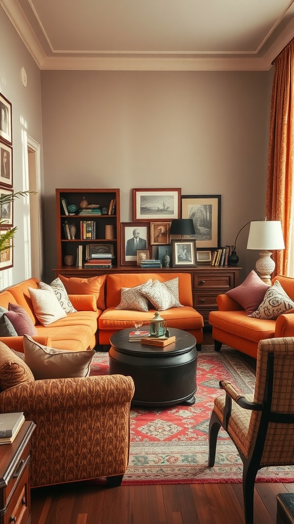 A cozy living room featuring warm orange sofas, a patterned rug, and a stylish coffee table.