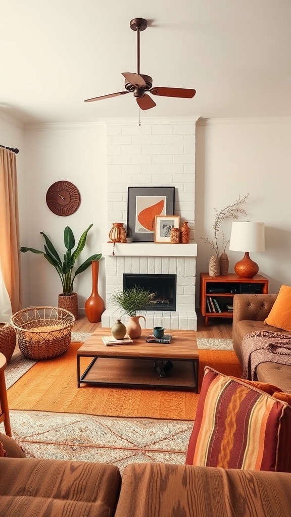 Warm and inviting living room with earthy accents, featuring a brown couch, orange rug, and decorative elements.