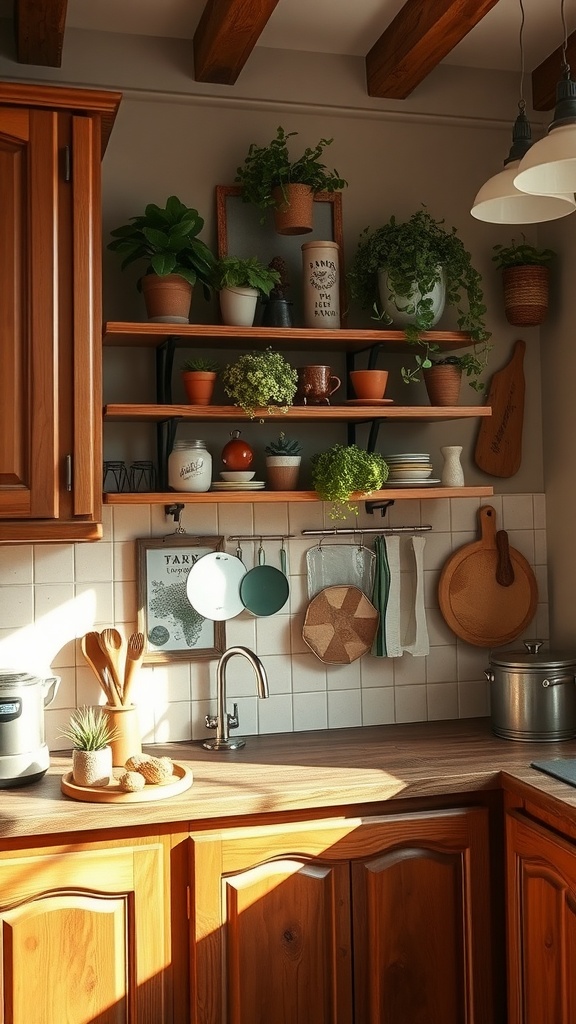 Cozy kitchen with wooden cabinets, plants on shelves, and warm lighting.