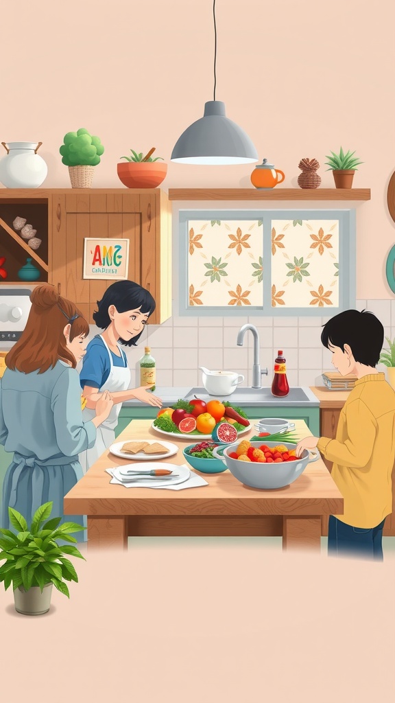 A cozy cottage kitchen with three family members preparing a meal together, filled with fresh ingredients.