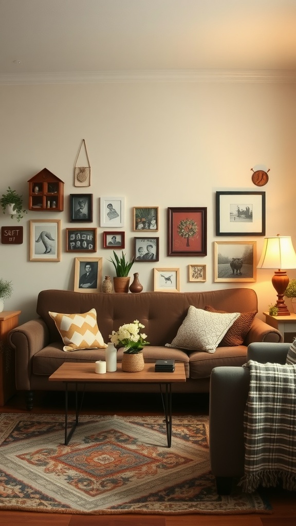 Cozy living room with a brown sofa, framed wall art, and warm lighting