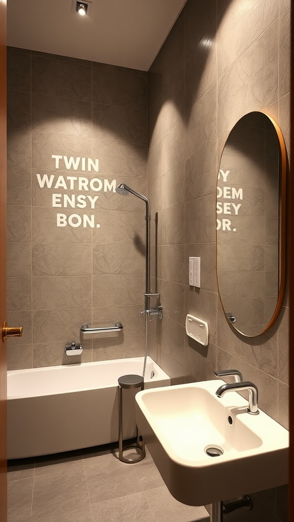 A modern guest bathroom featuring water-saving fixtures, including a sleek sink and shower.