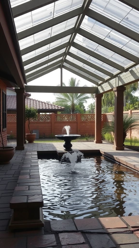 A covered patio with a fountain and serene water feature.