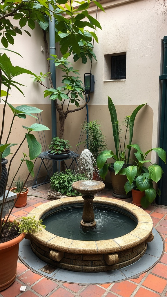 A small circular fountain surrounded by potted plants on a patio.
