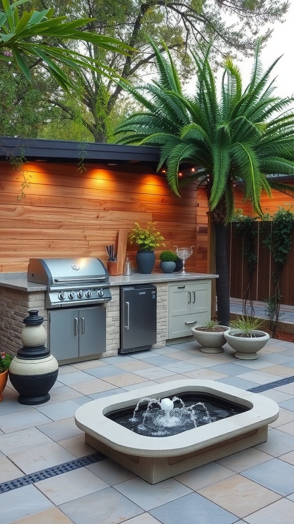 A modern outdoor kitchen featuring a small fountain, stainless steel grill, and lush greenery.