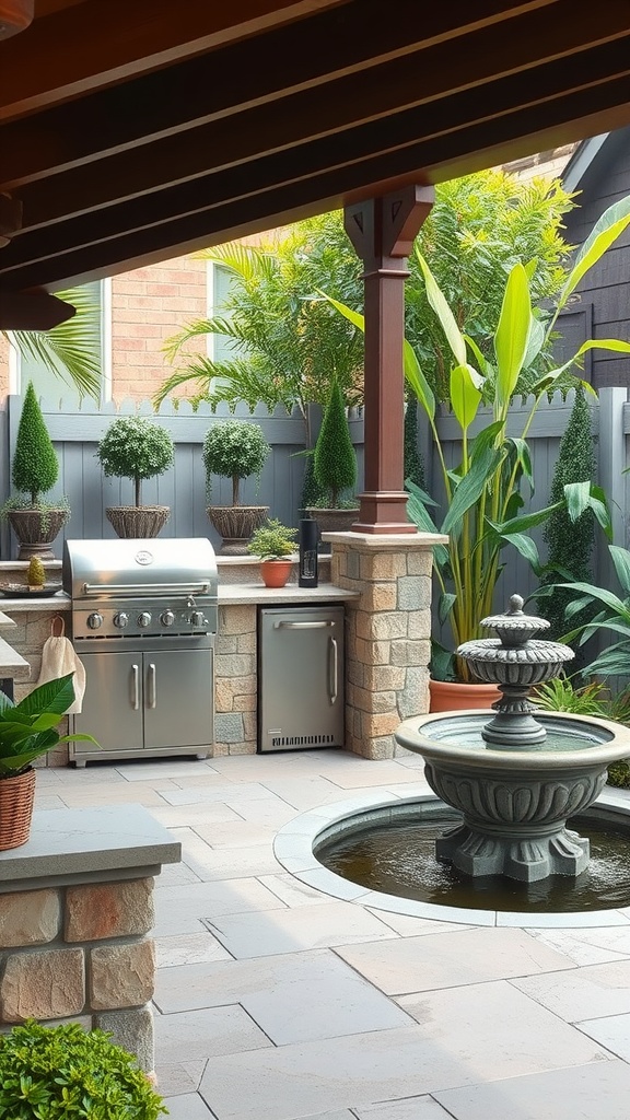 An outdoor kitchen featuring a grill and a stone fountain surrounded by greenery.