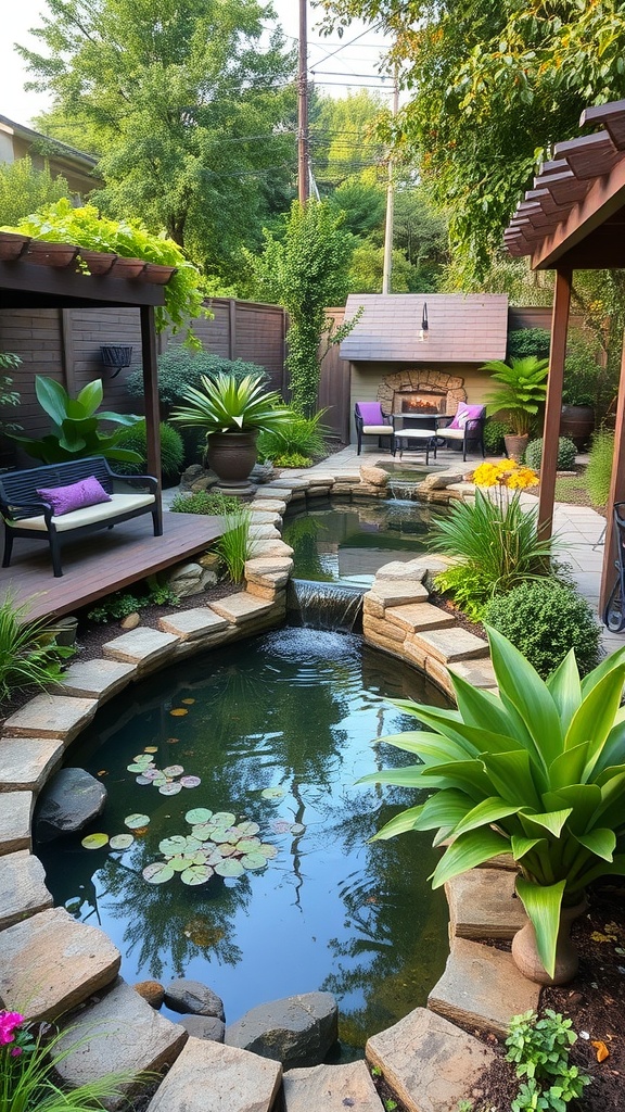 A serene backyard pond surrounded by stone and lush greenery, featuring seating areas and a gentle waterfall.