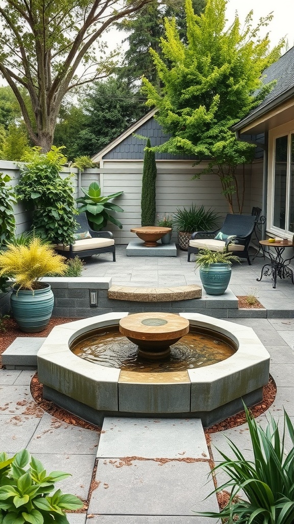A serene back patio featuring a concrete fountain surrounded by greenery and decorative pots.