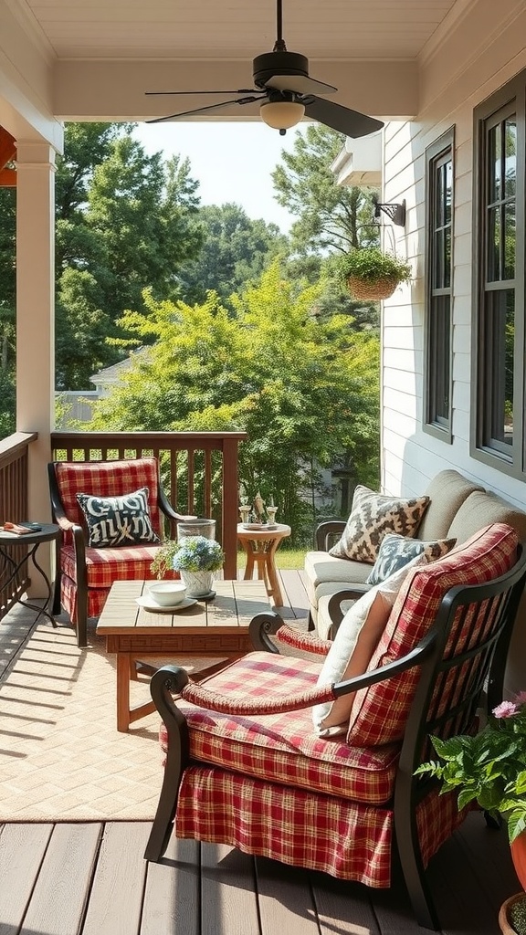 Cozy back porch with weather-resistant fabrics and vibrant cushions