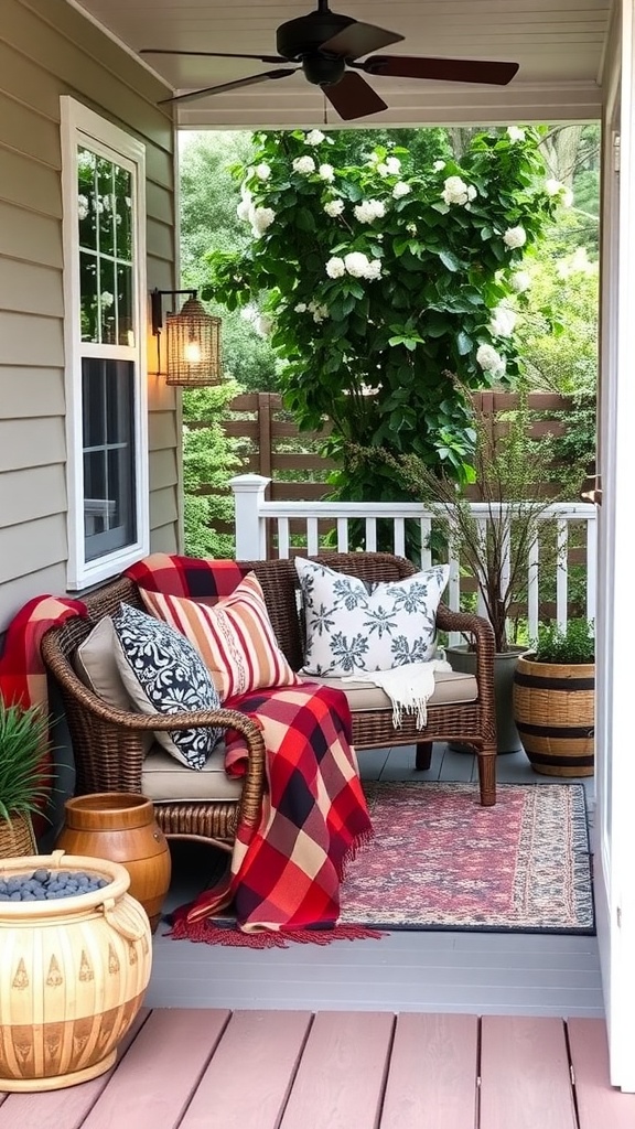 A cozy small back porch with weather-resistant fabrics, including cushions and a throw blanket, surrounded by greenery.