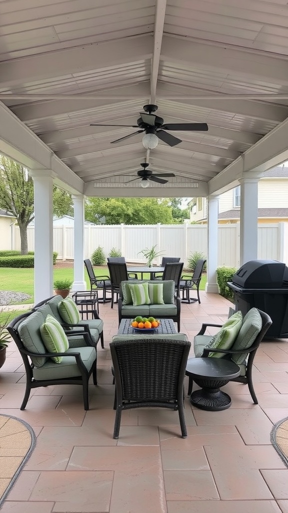 A covered patio featuring weather-resistant furnishings, including wicker chairs and a table, perfect for outdoor gatherings.