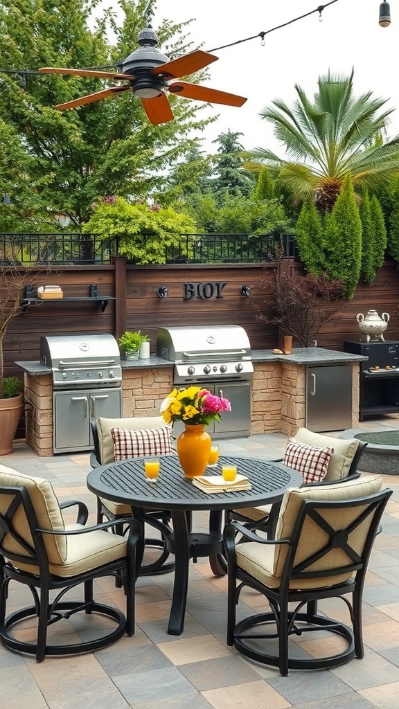 A stylish outdoor kitchen with weather-resistant furnishings, featuring a round table, cushioned chairs, a ceiling fan, and a vibrant floral centerpiece.