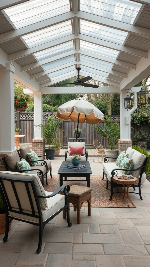 Cozy covered patio with weather-resistant furnishings, including chairs, a table, and an umbrella.