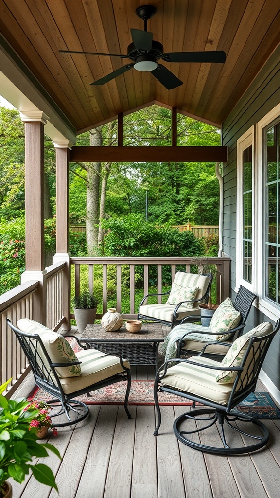 A beautiful back porch with weather-resistant furniture, featuring a cozy setup with chairs, cushions, and a table surrounded by greenery.