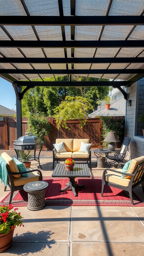 A covered patio with weather-resistant furniture, including a seating area, table, and potted plants.