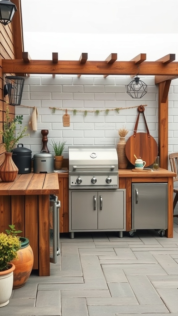 A well-designed outdoor kitchen showcasing weather-resistant materials, including stainless steel appliances and wooden cabinetry.