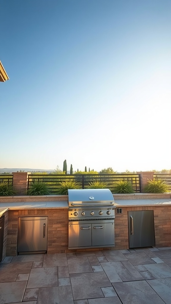 A modern outdoor kitchen with stainless steel appliances against a clear blue sky.