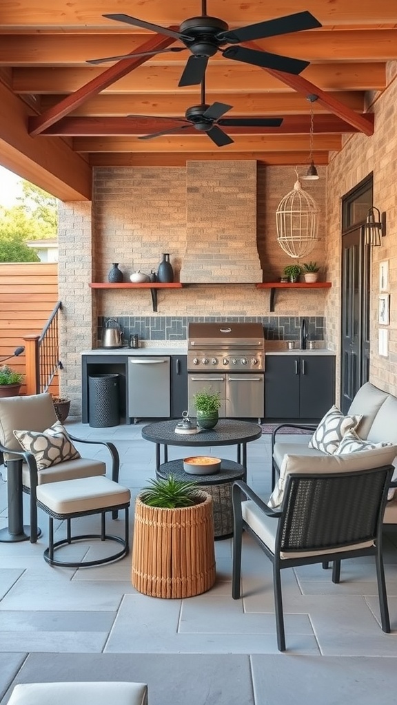 Stylish patio kitchen with weather-resistant furniture and an outdoor cooking area.