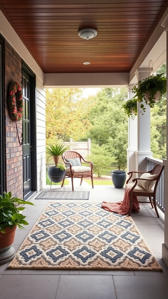 An outdoor front porch featuring a weather-resistant rug with a geometric pattern, surrounded by plants and comfortable seating.