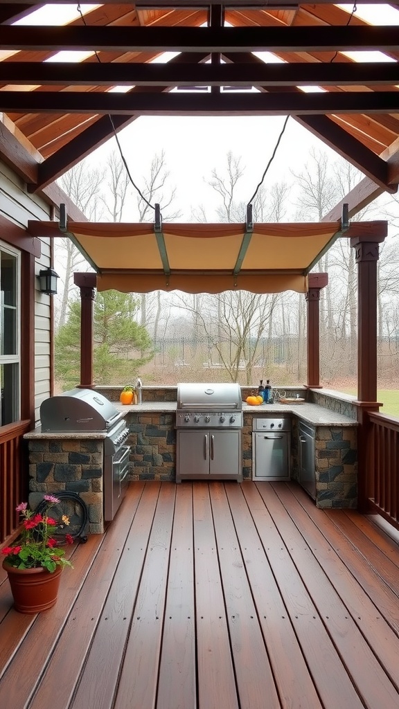 An outdoor kitchen on a deck with a protective roof and stainless steel appliances.