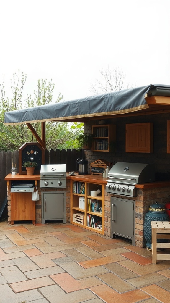 A rustic outdoor kitchen featuring a protective awning, equipped with grills, cabinets, and potted plants, set on a tiled patio.