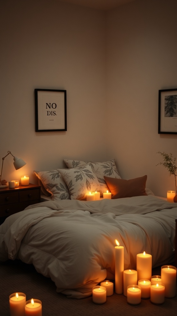 A cozy bedroom illuminated by various candles, featuring a comfortable bed with soft pillows and warm blankets.