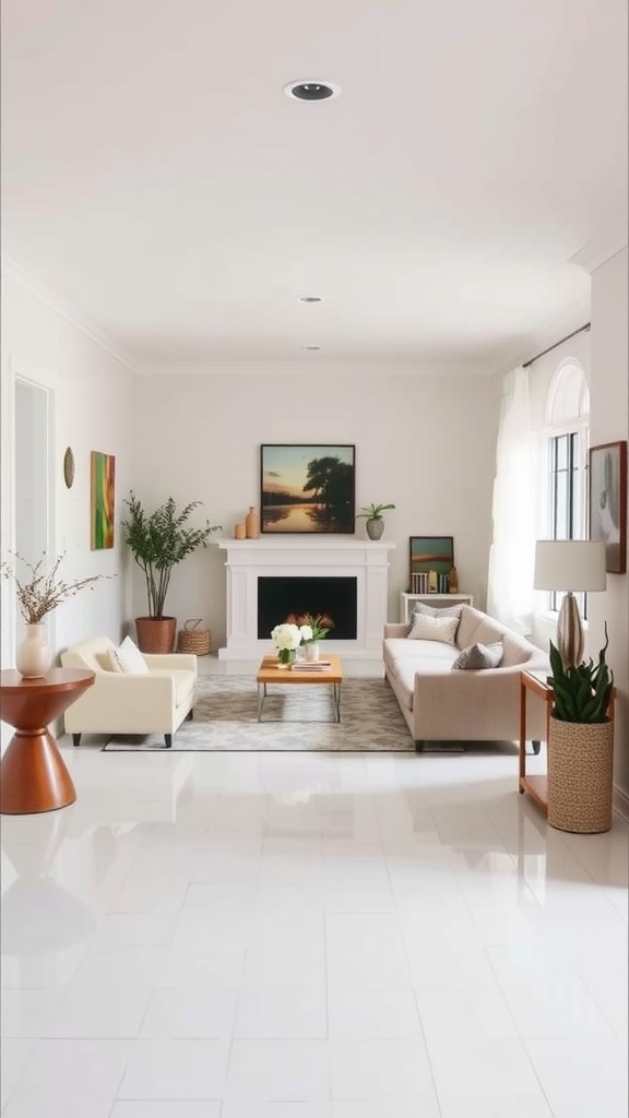 A bright and clean living room with beige furniture, a fireplace, and plants