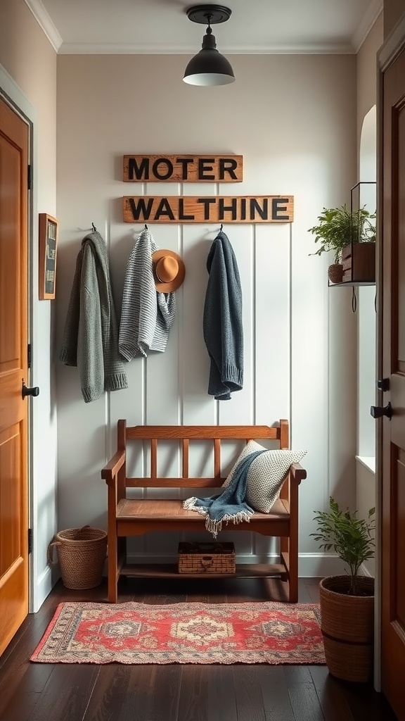 A cozy entryway featuring a wooden bench, a rug, wall hooks for coats, and plants