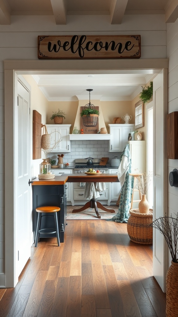 Welcoming farmhouse kitchen entryway with a sign and rustic decor.