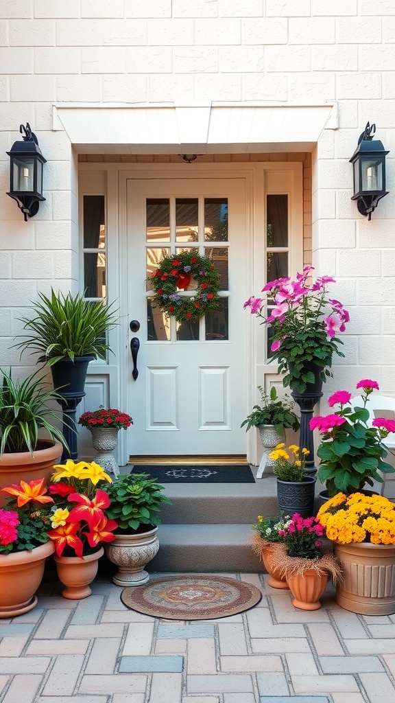 Colorful front patio with potted plants and a welcoming door.