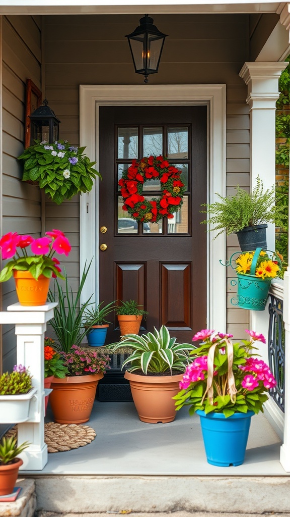 A small porch decorated with various potted plants, a wreath on the door, and a welcoming atmosphere.
