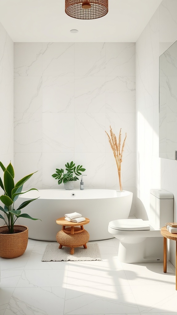 A modern luxury bathroom featuring a freestanding bathtub, plants, and a minimalist design.