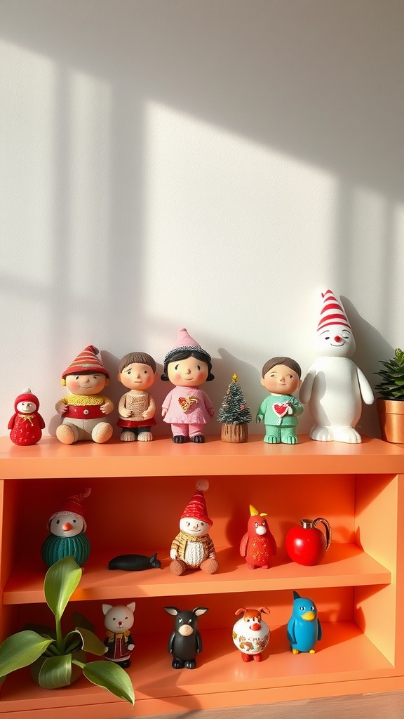 Colorful figurines on an orange shelf, including children and playful animals.