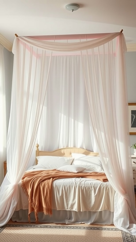 A cozy bedroom with soft canopy drapes framing a bed, featuring light colors and a warm blanket.