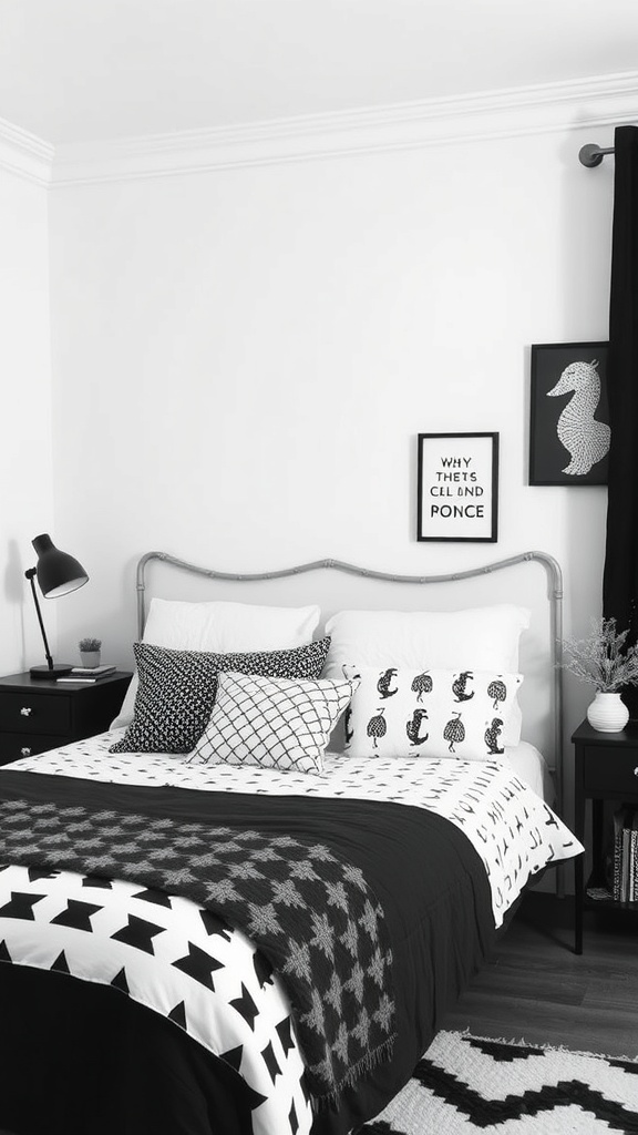 A black and white themed bedroom with patterned bedding and playful wall art.