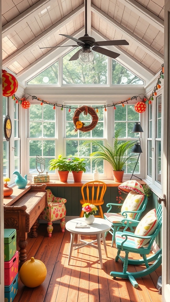 Colorful sunroom with playful decor featuring bright chairs, plants, and whimsical accents.